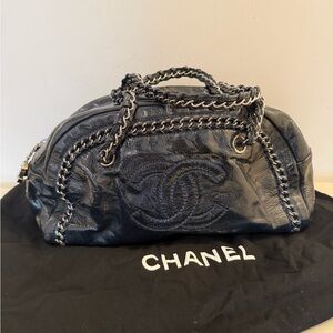 Authentic Chanel Navy Patent Bowling Bag W/Chain Details & Straps Zipper Closure